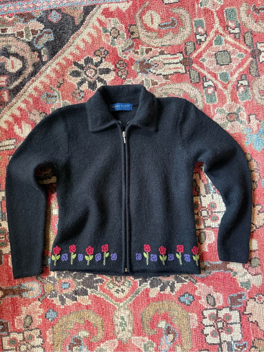 Karen Scott Black Wool Zip-Up with Floral Embroidery